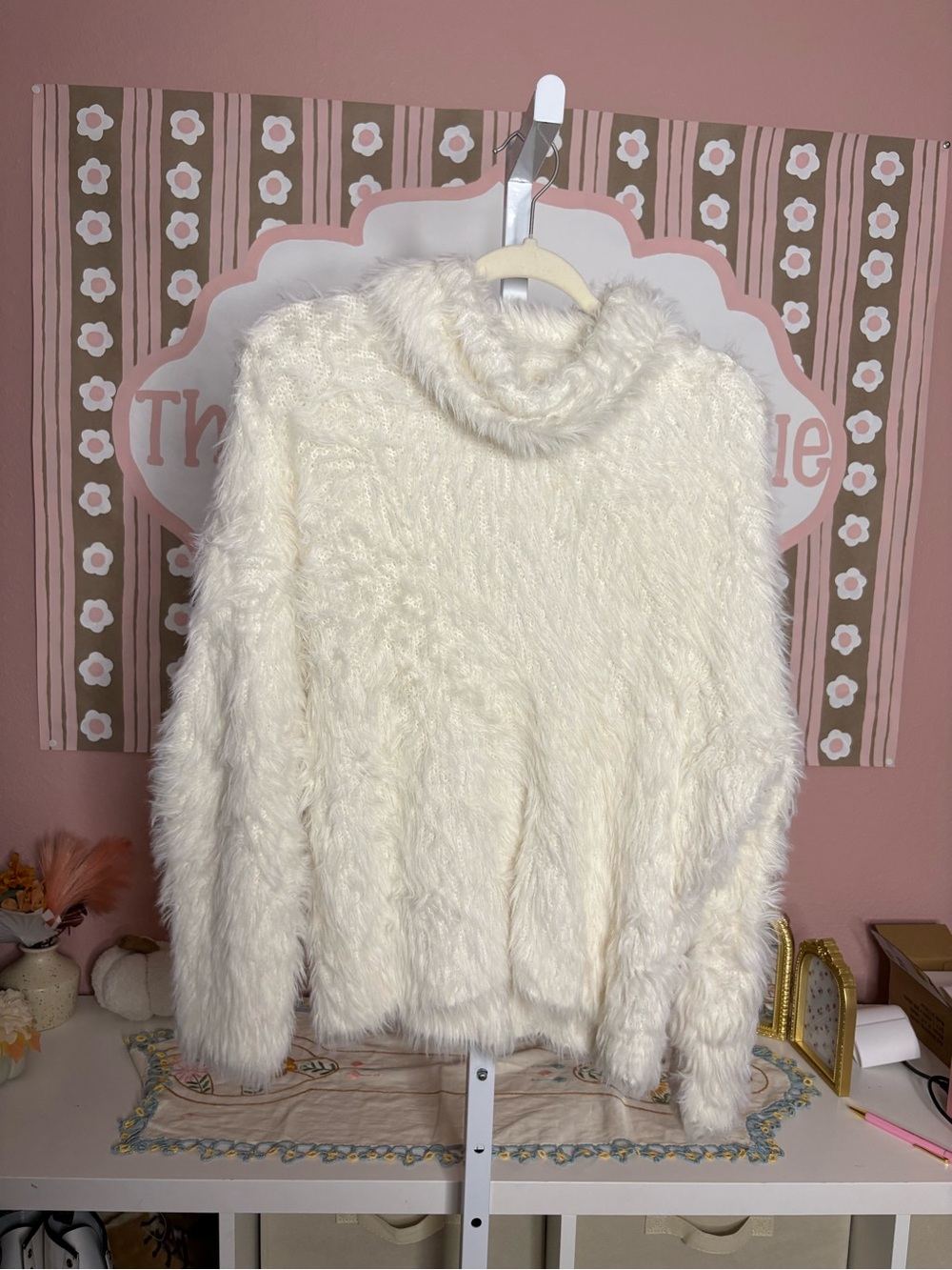 Express Cozy Women's Cream Faux Fur Turtleneck Sweater